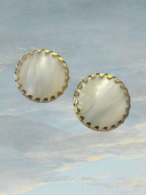 Round Mother-of-Pearl Stone with Gold-Trim Clip-on Earrings
